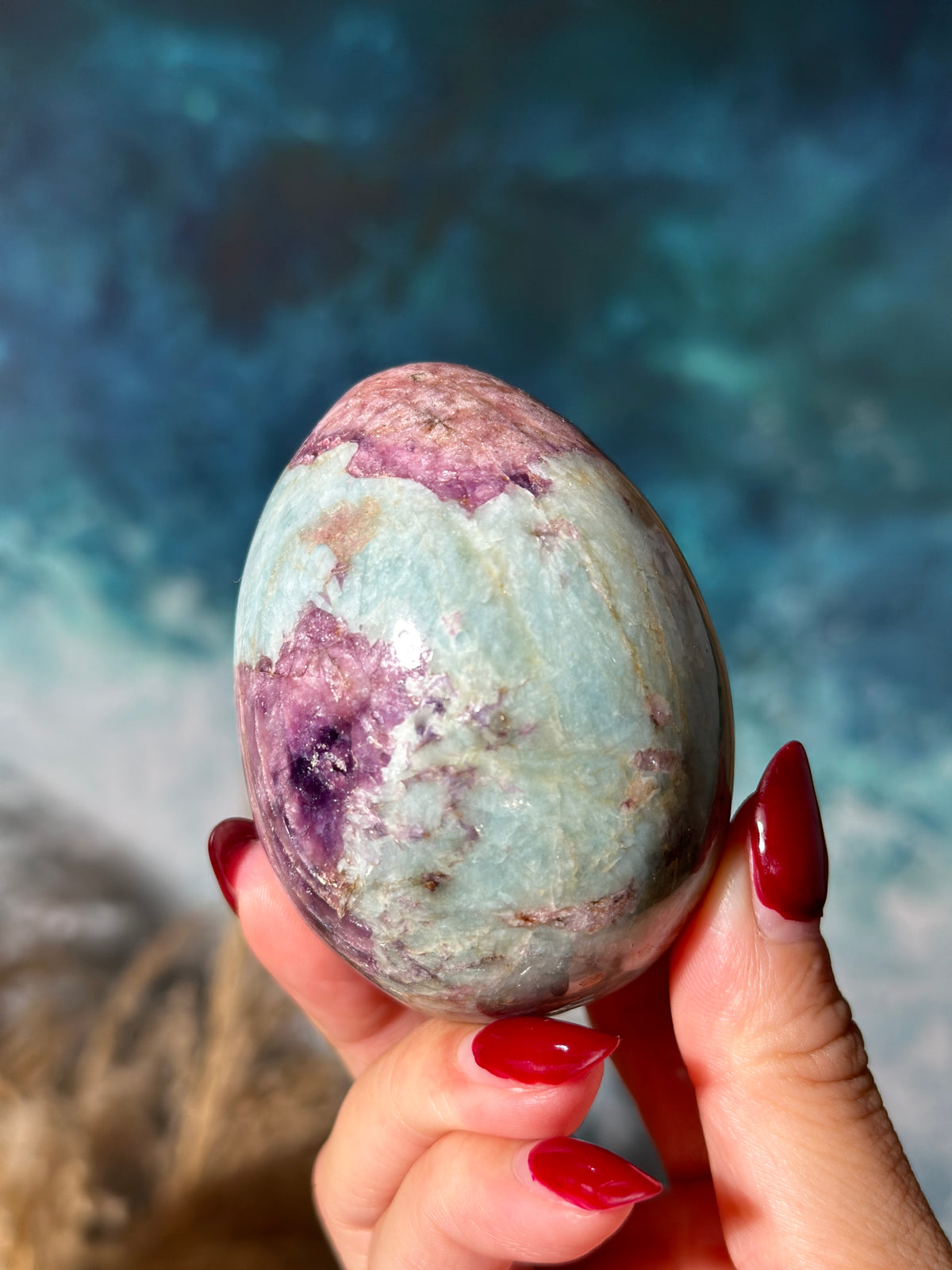 Pink Tourmaline x Lepidolite Egg with Blue Cleavelandite