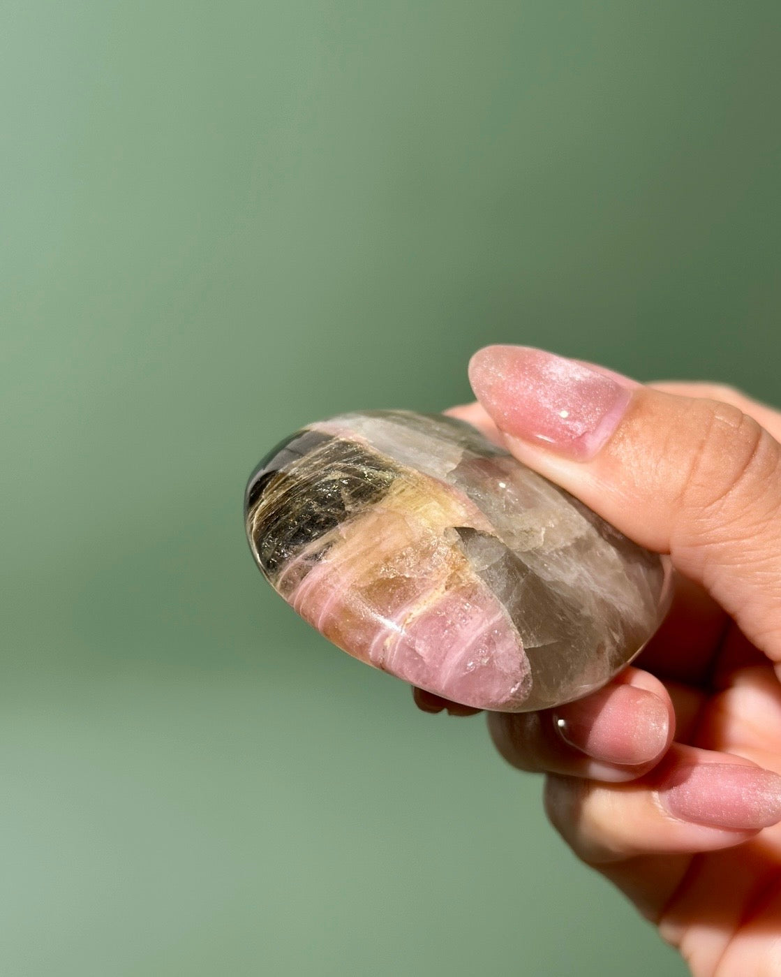 Bicolor Yellow Pink Tourmaline Smoky Quartz Palm Stone, Russia