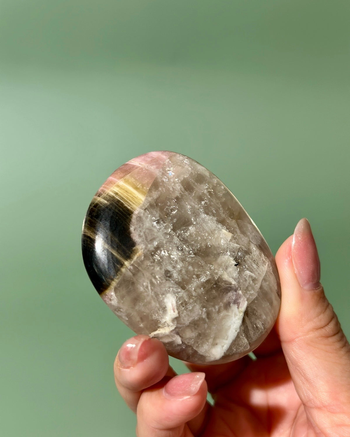 Bicolor Yellow Pink Tourmaline Smoky Quartz Palm Stone, Russia