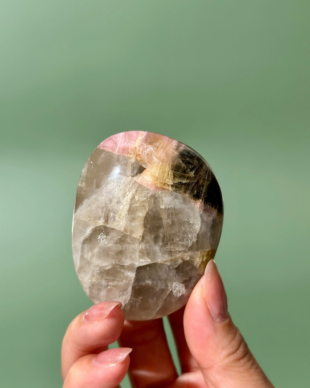 Bicolor Yellow Pink Tourmaline Smoky Quartz Palm Stone, Russia