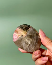 Bicolor Yellow Pink Tourmaline Smoky Quartz Palm Stone, Russia