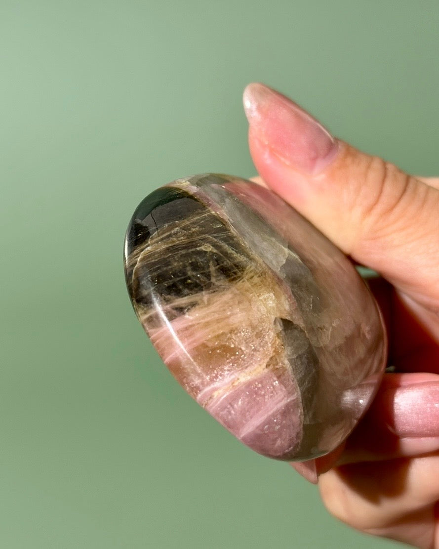 Bicolor Yellow Pink Tourmaline Smoky Quartz Palm Stone, Russia