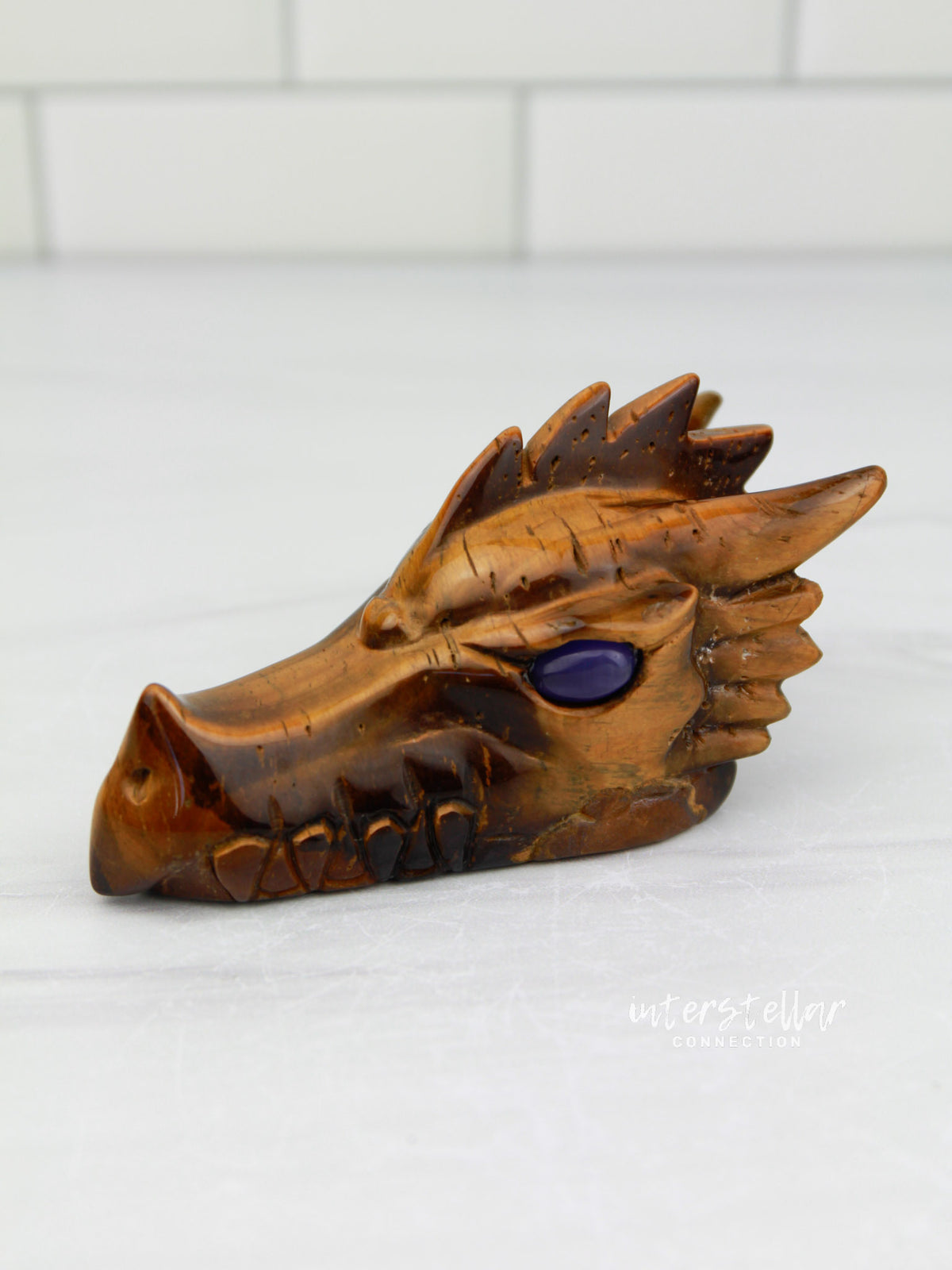Tiger's Eye DRAGON Head Skull Carving with Blue Cat's Eye Eyes #D12