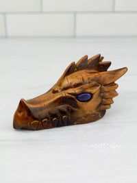Tiger's Eye DRAGON Head Skull Carving with Blue Cat's Eye Eyes #D12