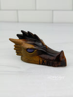 Tiger's Eye DRAGON Head Carving with Blue Cat's Eye Eyes