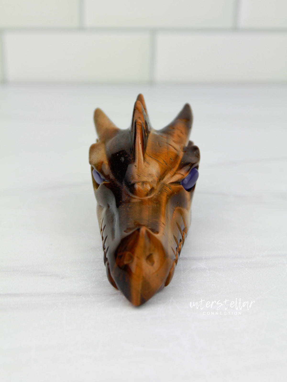 Tiger's Eye DRAGON Head Skull Carving with Blue Cat's Eye Eyes #D12
