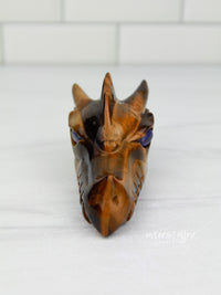 Tiger's Eye DRAGON Head Skull Carving with Blue Cat's Eye Eyes #D12
