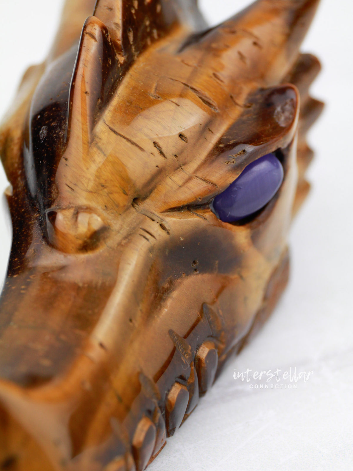 Tiger's Eye DRAGON Head Skull Carving with Blue Cat's Eye Eyes #D12