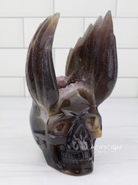 VADER - Agate Amethyst Geode WINGED SKULL carving #S14