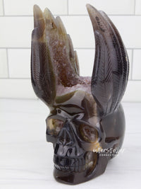VADER - Agate Amethyst Geode WINGED SKULL carving #S14