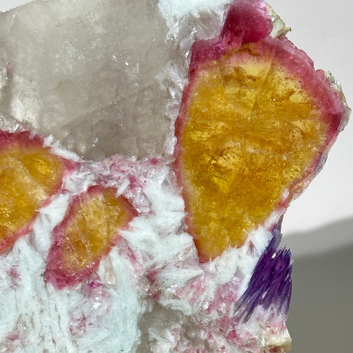 Yellow Pink Tourmaline Cleavelandite Lepidolite Slice closeup