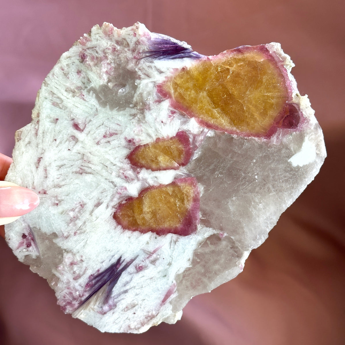 Yellow_Pink_Tourmaline_Cleavelandite_Lepidolite_Slice_pink_background