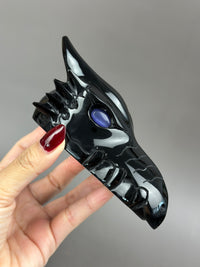 Black Obsidian 5" Hand-Carved Dragon Skull with Cat's Eye #D10