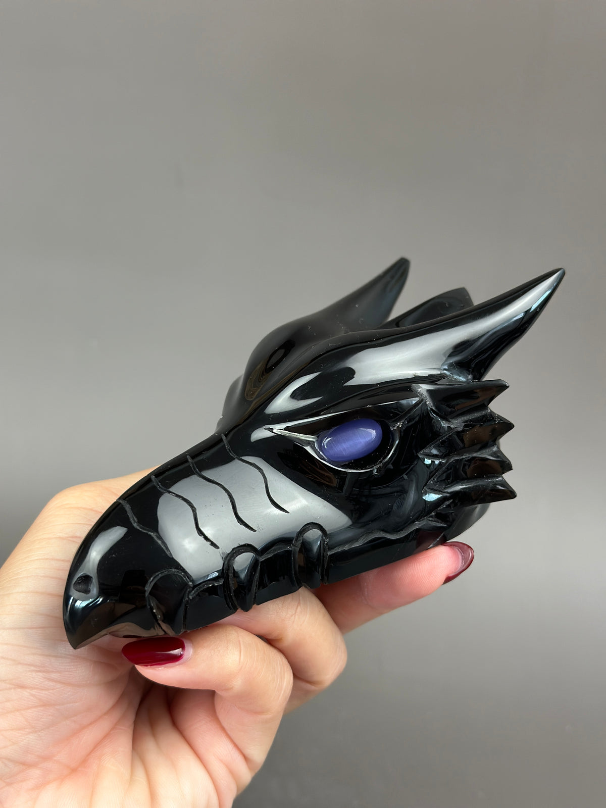 Black Obsidian 5" Hand-Carved Dragon Skull with Cat's Eye #D10