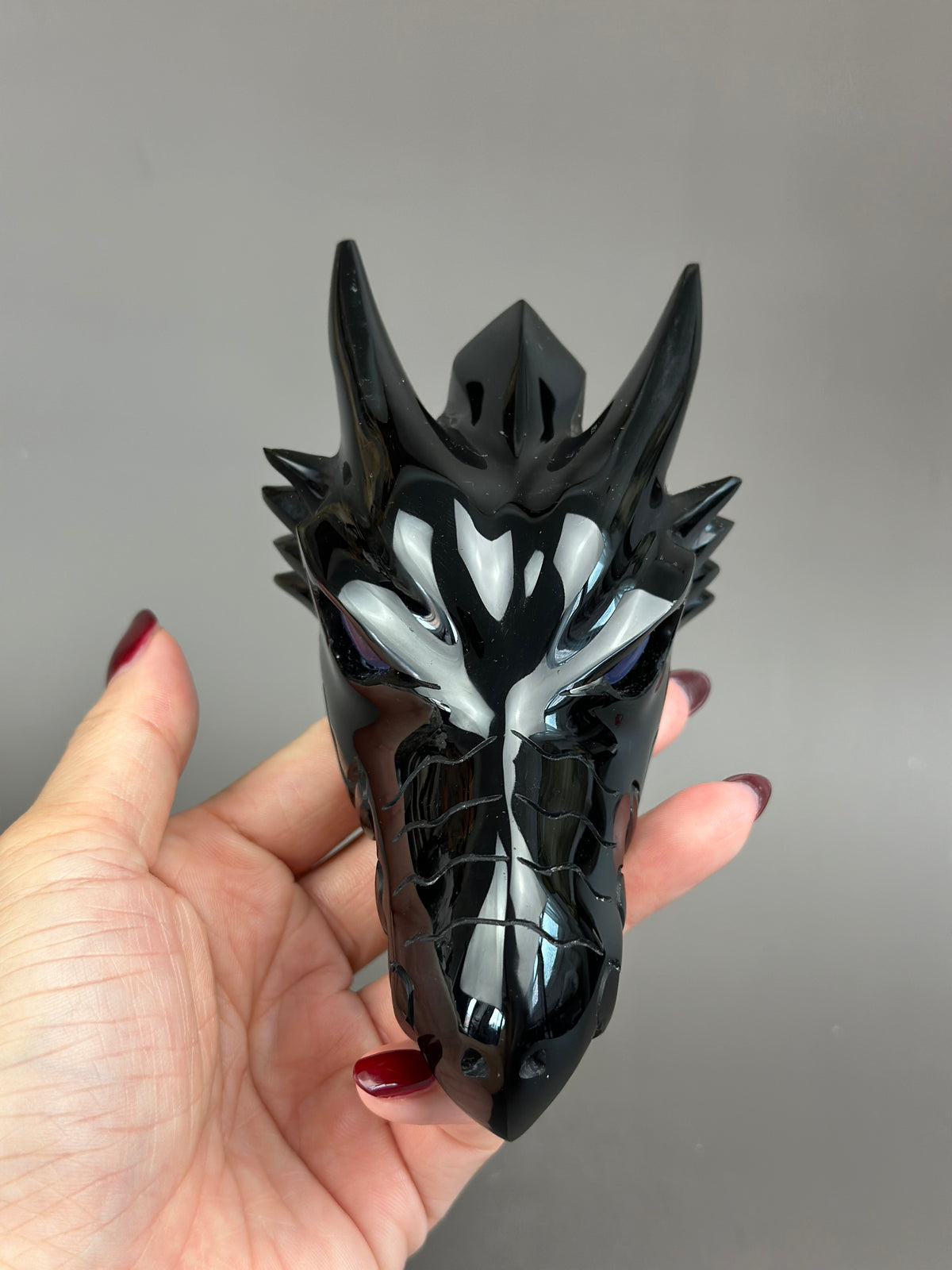 Black Obsidian 5" Hand-Carved Dragon Skull with Cat's Eye #D10