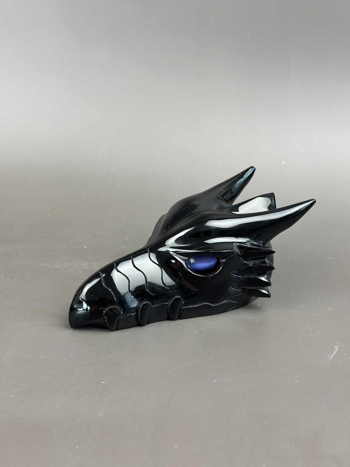 Black Obsidian 5" Hand-Carved Dragon Skull with Cat's Eye #D10