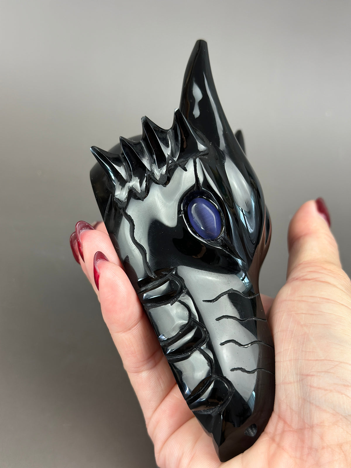 Black Obsidian 5" Hand-Carved Dragon Skull with Cat's Eye #D10