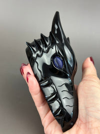 Black Obsidian 5" Hand-Carved Dragon Skull with Cat's Eye #D10