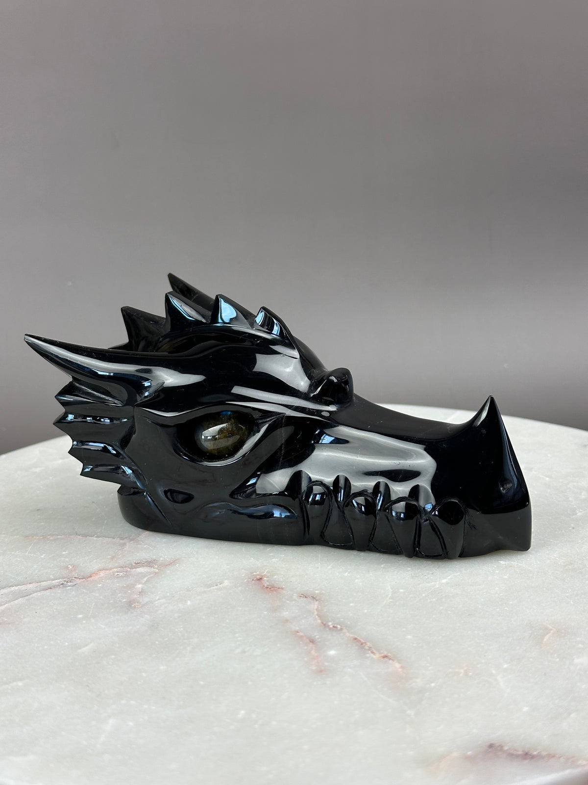 Black Obsidian Dragon 6" Skull Carving with Labradorite eyes #D1