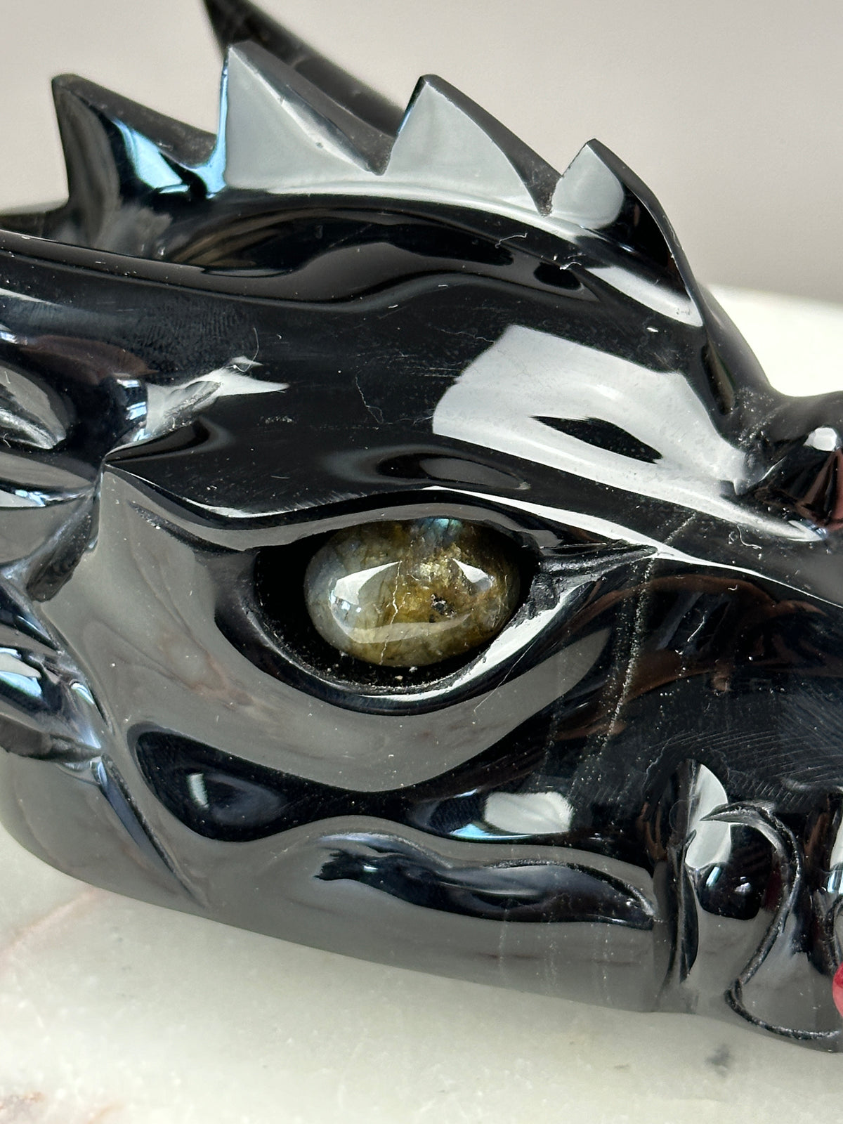 Black Obsidian Dragon 6" Skull Carving with Labradorite eyes #D1