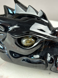 Black Obsidian Dragon 6" Skull Carving with Labradorite eyes #D1