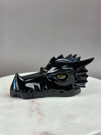 Black Obsidian Dragon 6" Skull Carving with Labradorite eyes #D1