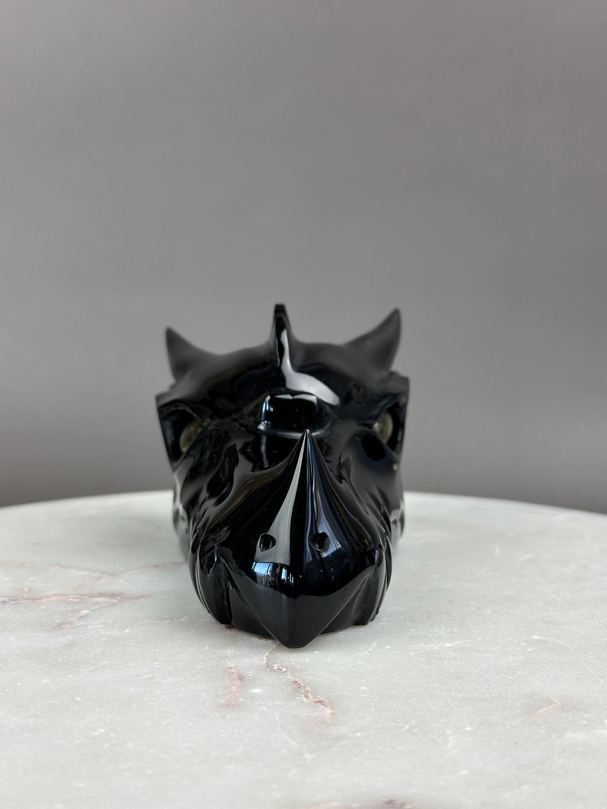 Black Obsidian Dragon 6" Skull Carving with Labradorite eyes #D1