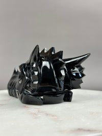 Black Obsidian Dragon 6" Skull Carving with Labradorite eyes #D1