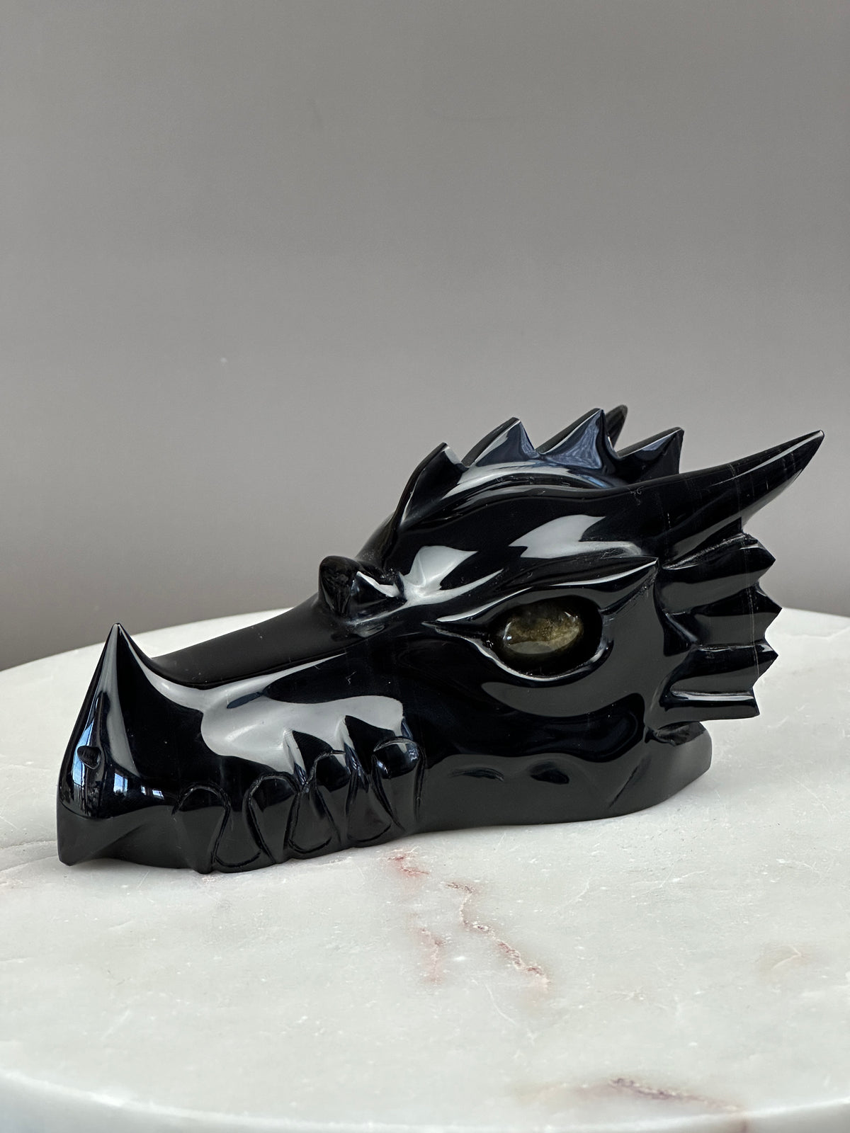 Black Obsidian Dragon 6" Skull Carving with Labradorite eyes #D1