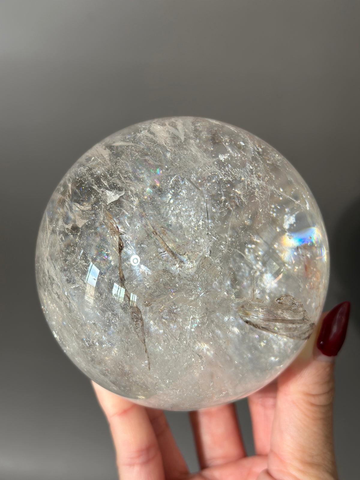Clear Quartz Sphere with Rainbows and Dendrite