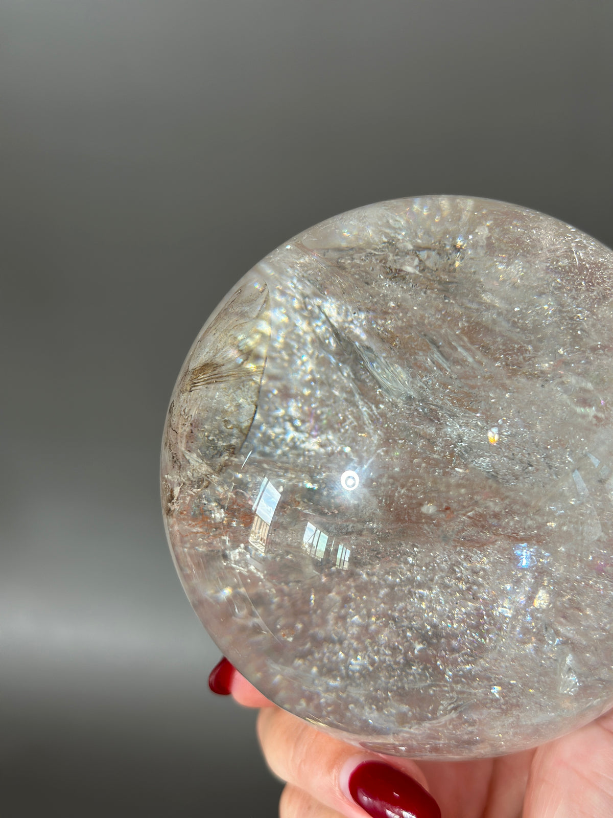 Clear Quartz Sphere with Rainbows and Dendrite
