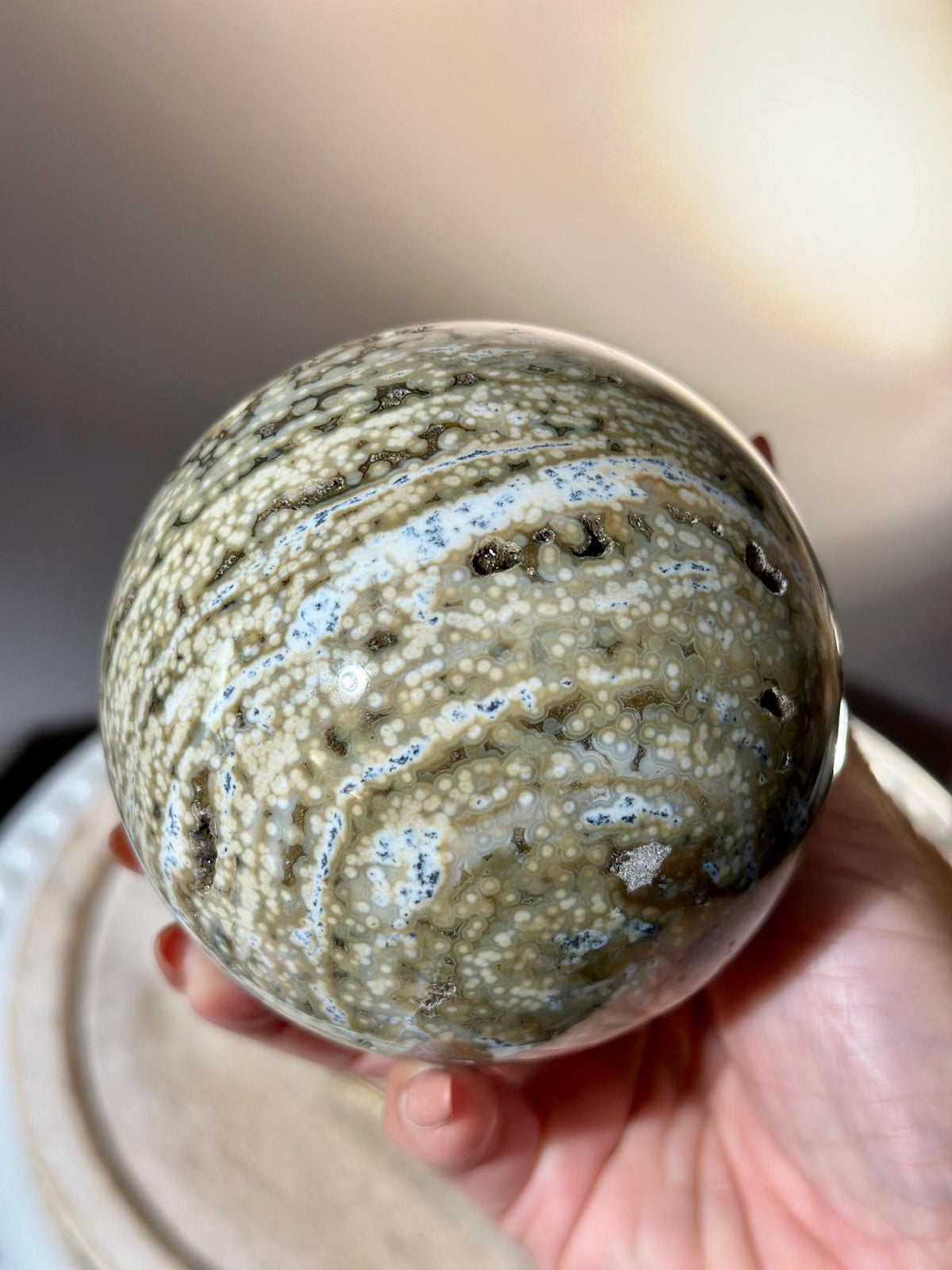 Amazing Druzy Sage Green & Blue Ocean Orbicular Jasper Sphere
