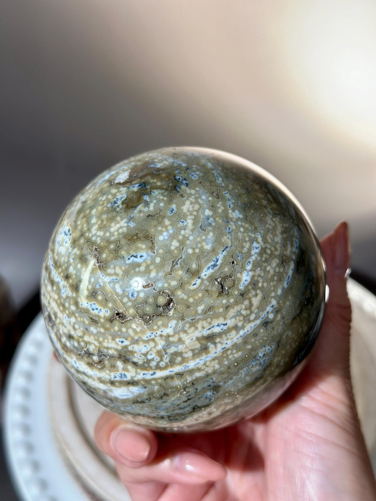 Amazing Druzy Sage Green & Blue Ocean Orbicular Jasper Sphere