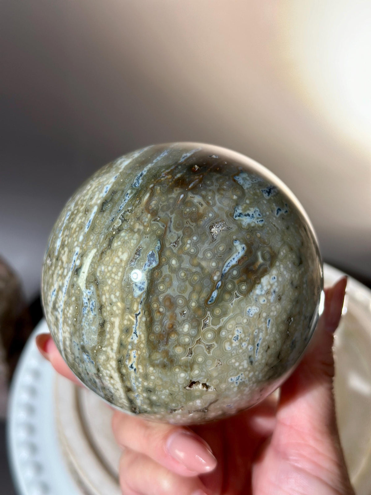 Amazing Druzy Sage Green & Blue Ocean Orbicular Jasper Sphere