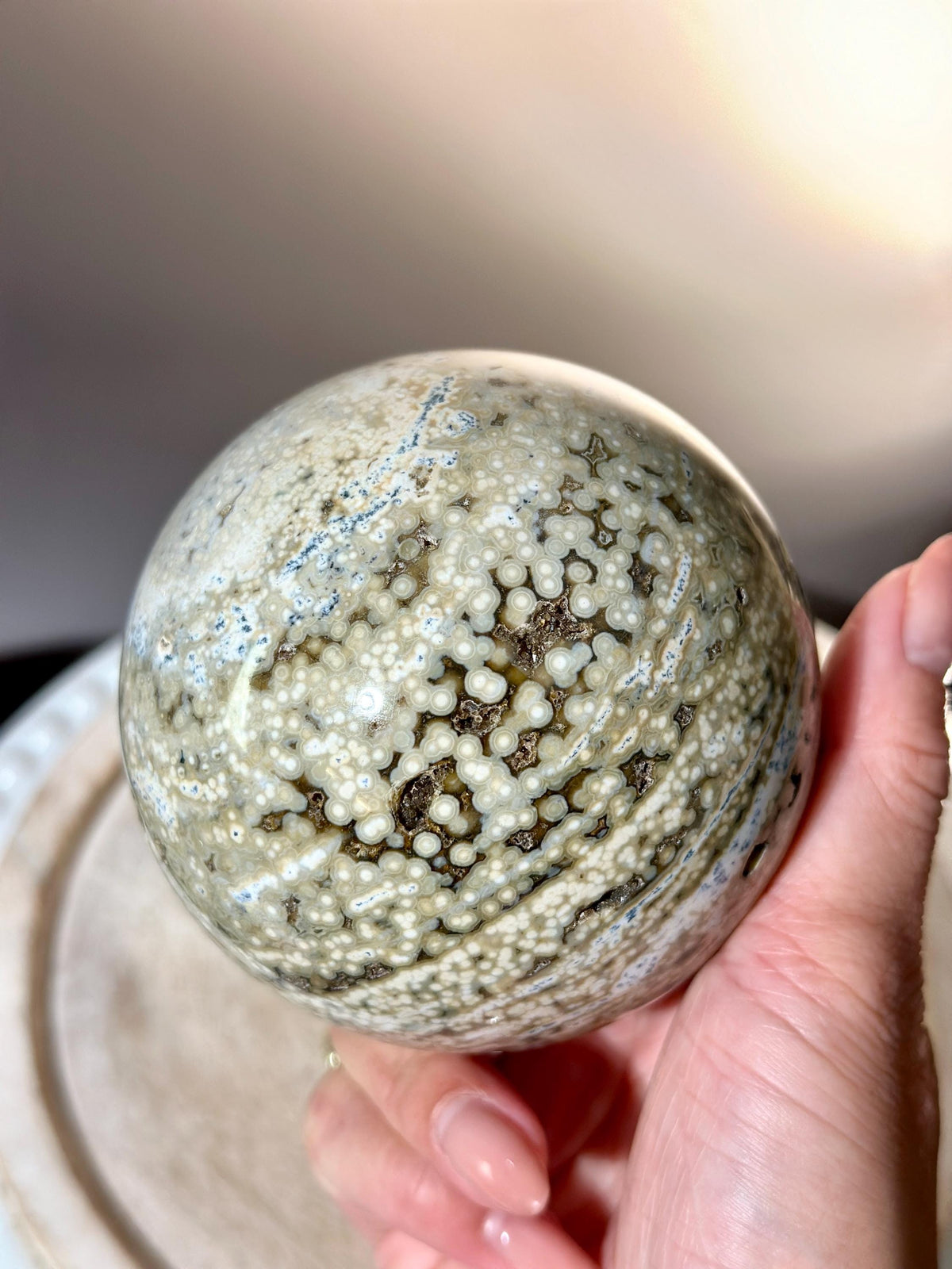 Amazing Druzy Sage Green & Blue Ocean Orbicular Jasper Sphere