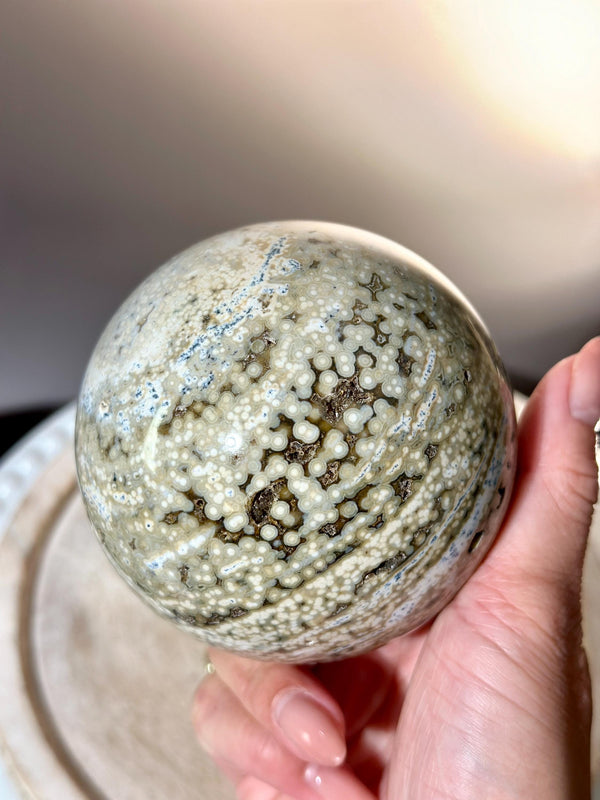Amazing Druzy Sage Green & Blue Ocean Orbicular Jasper Sphere