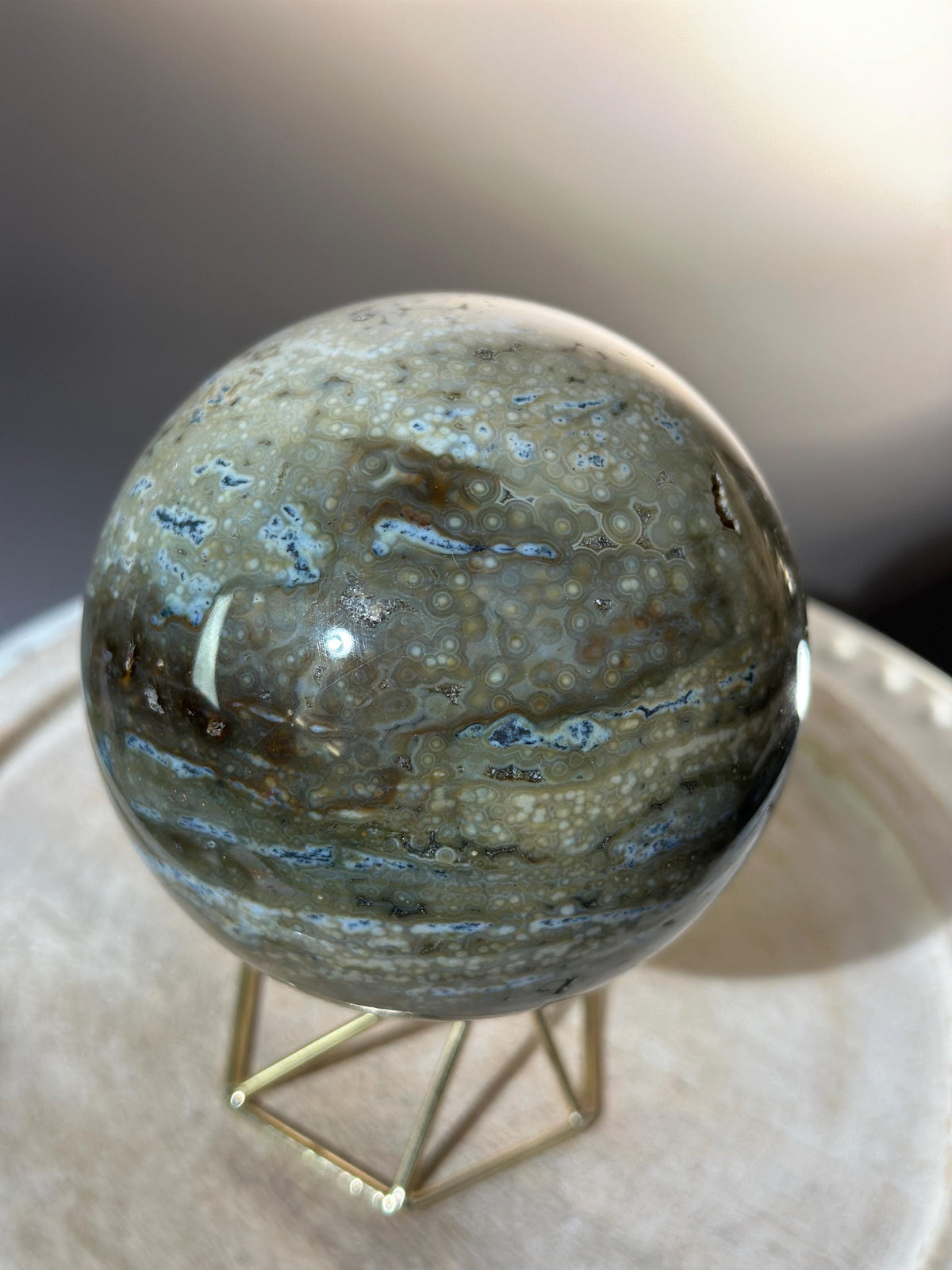 Amazing Druzy Sage Green & Blue Ocean Orbicular Jasper Sphere