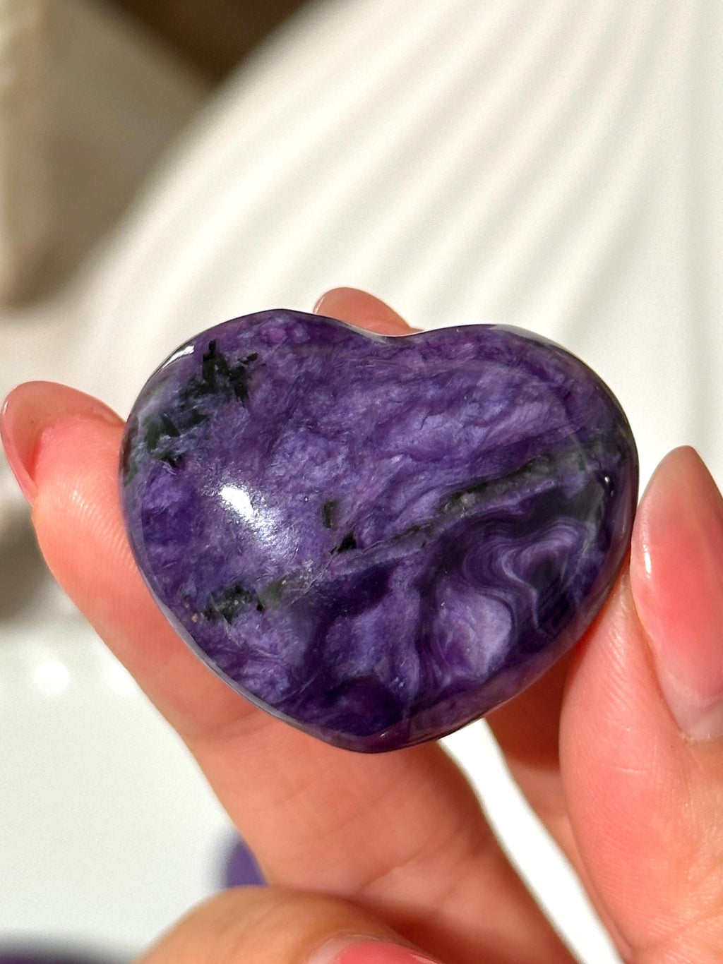 Purple Charoite Heart Palm Stone: Siberian Pocket Stone