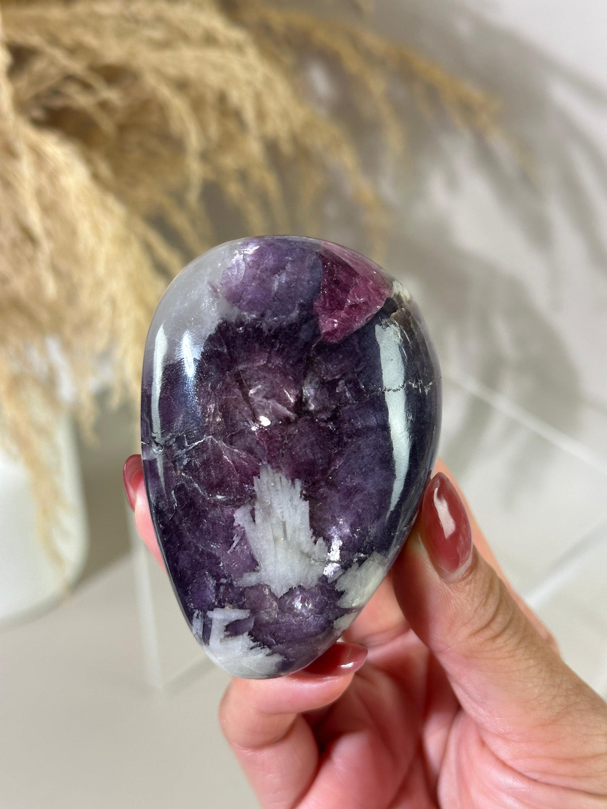 Pearly Lepidolite with Pink Tourmaline, Smoky Quartz & Cleavelandite XL Palm Stone — Russia | 6.5 oz - InterstellarHawaii