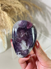 Pearly Lepidolite with Pink Tourmaline, Smoky Quartz & Cleavelandite XL Palm Stone — Russia | 6.5 oz - InterstellarHawaii