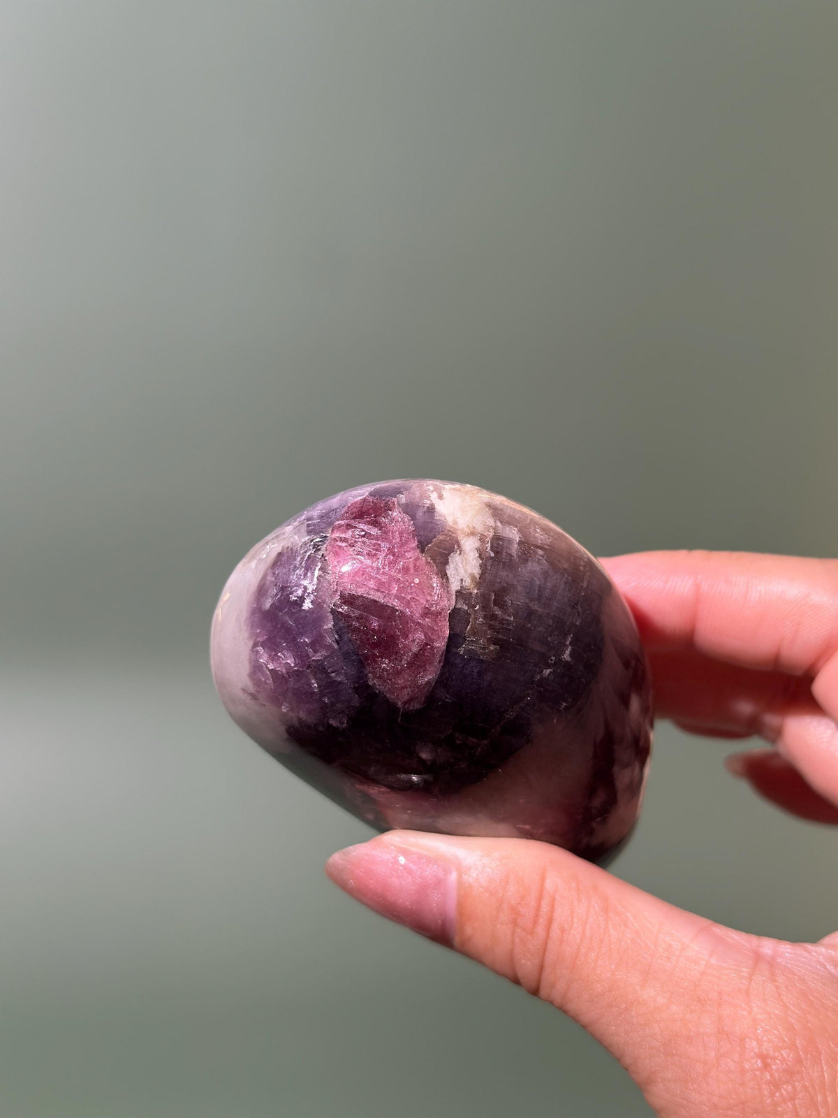 Pearly Lepidolite with Pink Tourmaline, Smoky Quartz & Cleavelandite XL Palm Stone — Russia | 6.5 oz