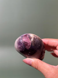 Pearly Lepidolite with Pink Tourmaline, Smoky Quartz & Cleavelandite XL Palm Stone — Russia | 6.5 oz