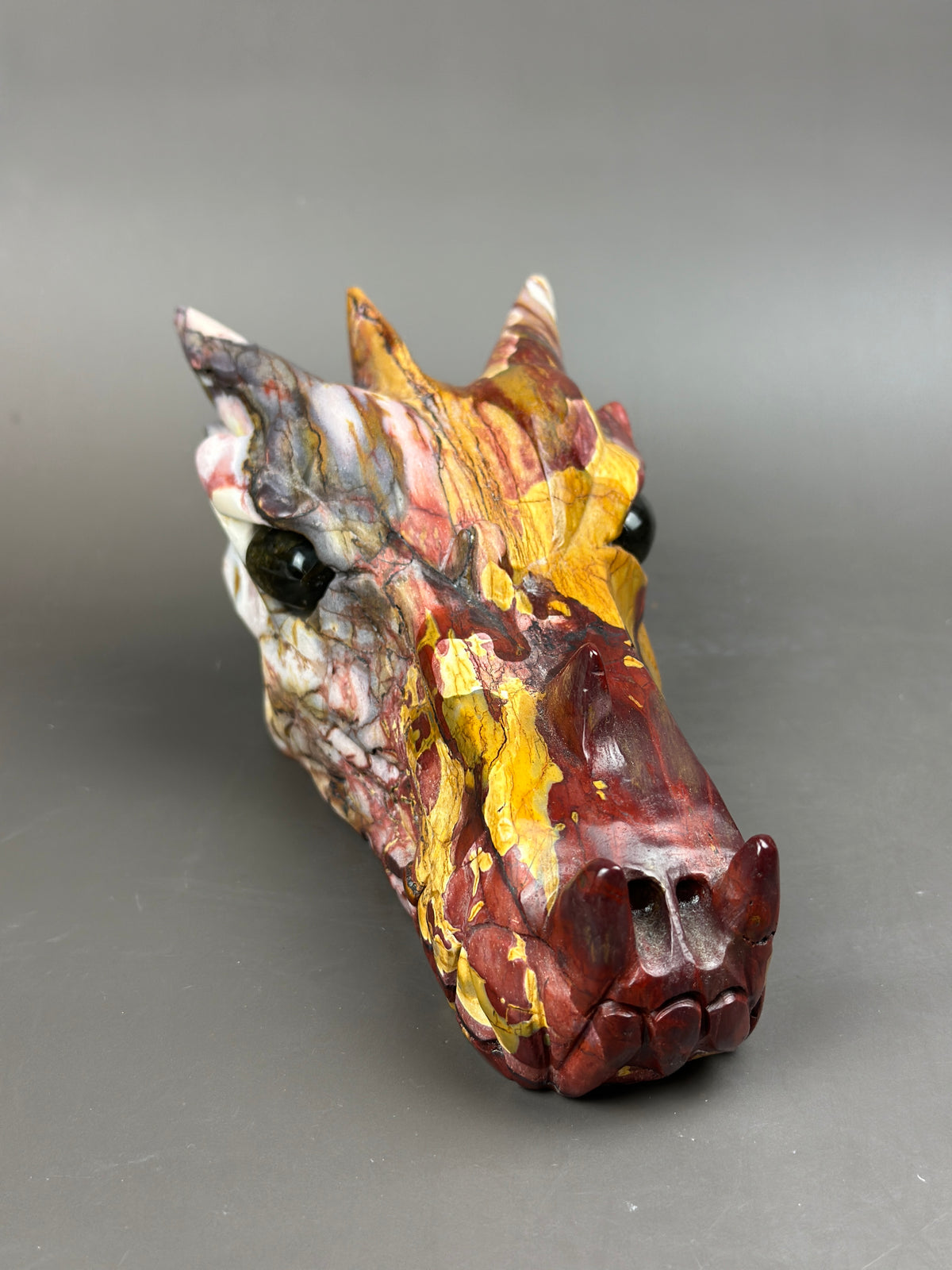 Mookaite Jasper Large Hand-Carved 7" Dragon Skull with Labradorite Eyes #D9