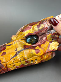 Mookaite Jasper Large Hand-Carved 7" Dragon Skull with Labradorite Eyes #D9