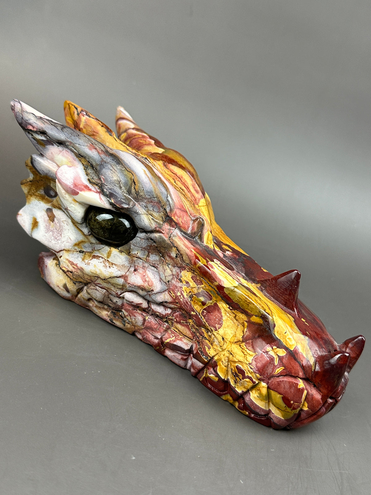 Mookaite Jasper Large Hand-Carved 7" Dragon Skull with Labradorite Eyes #D9