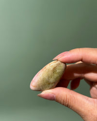 A hand holding a smooth, polished stone with a soft green and beige coloration against a solid muted green background.