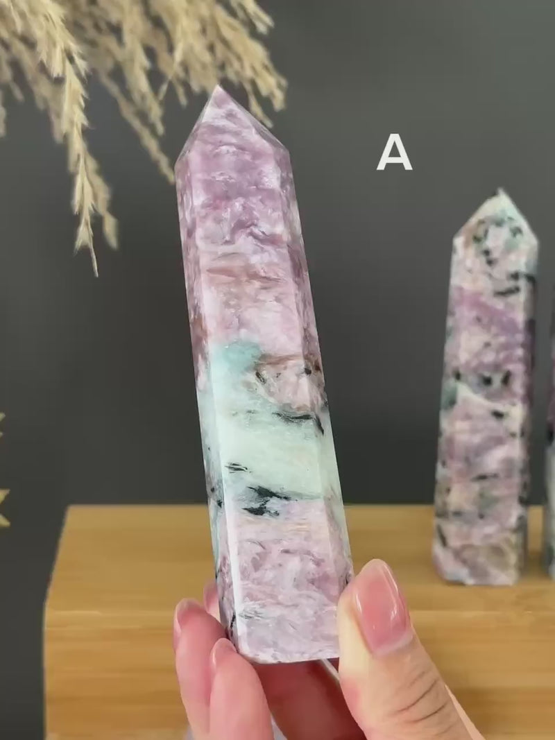 Pink Charoite with Blue Calcite tower for Crystal Collector Rare Find - CHOOSE YOUR PIECE
