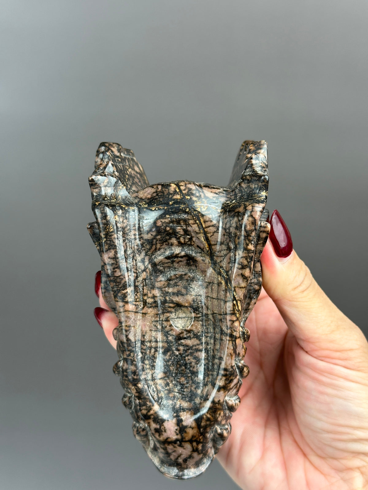 Rhodonite 5" Dragon Skull Carving #D6