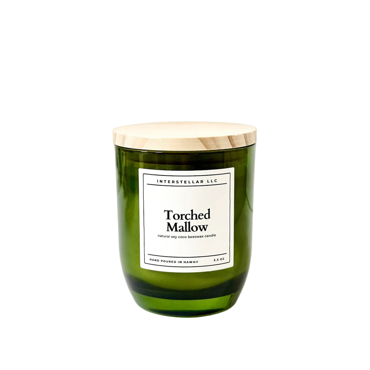 Green candle with a wooden lid and label on a white background