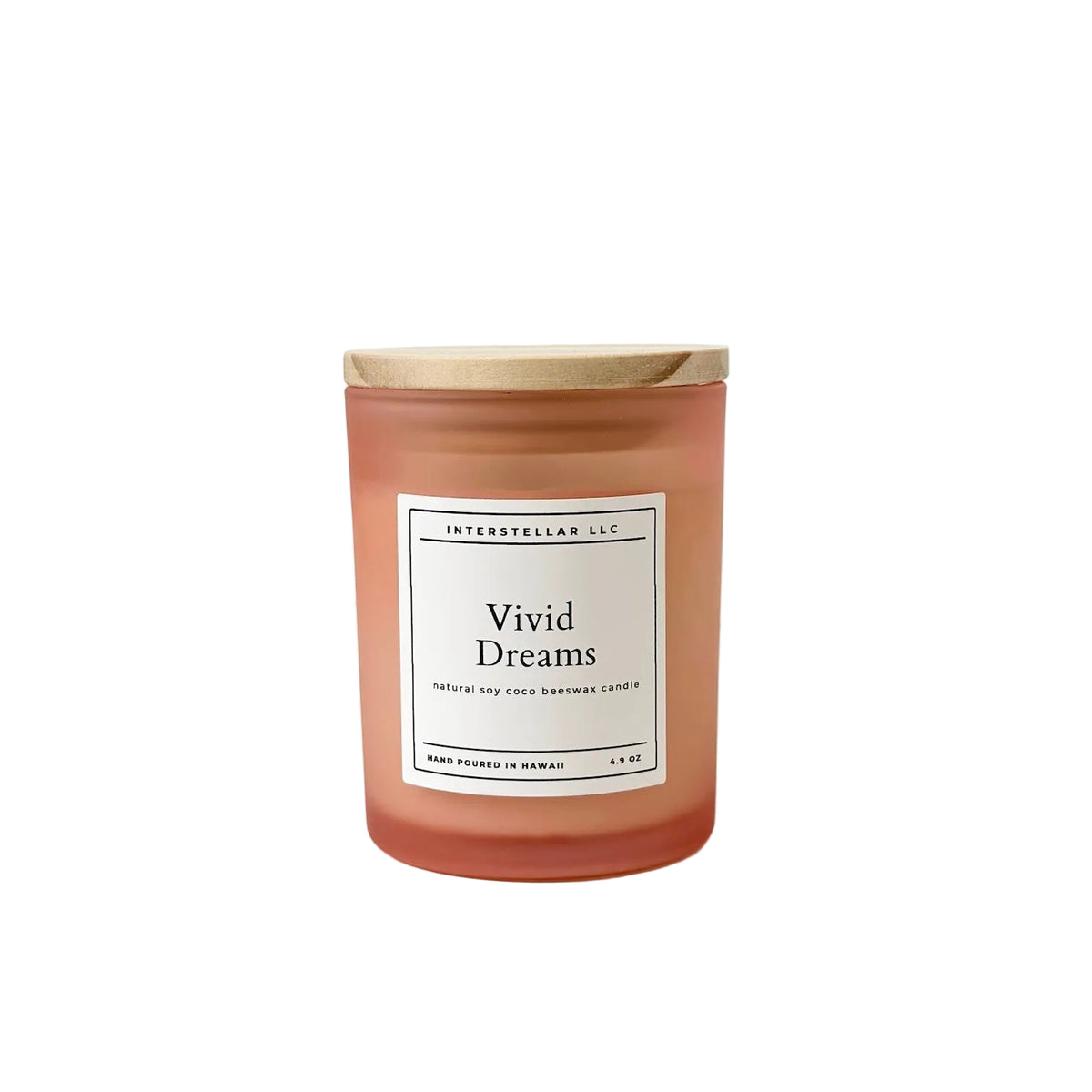 Candle labeled 'Vivid Dreams' with a wooden lid on a white background